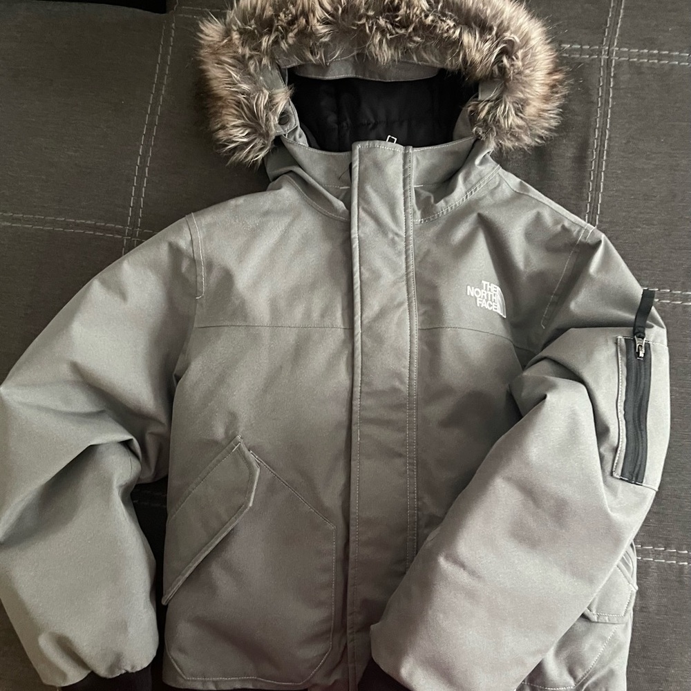 The North Face Kids Gray Puffer Jacket with Fur Trim